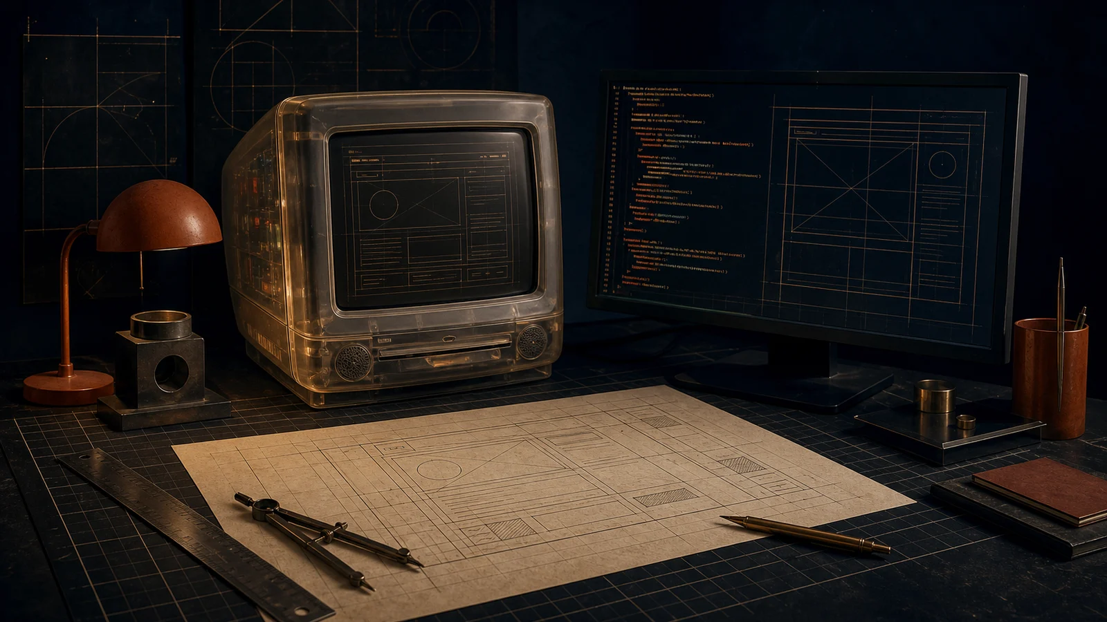 Bespoke web development planning with wireframes, code, and a retro computer
