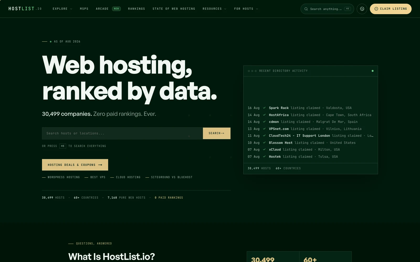 HostList web hosting directory homepage ranked by data