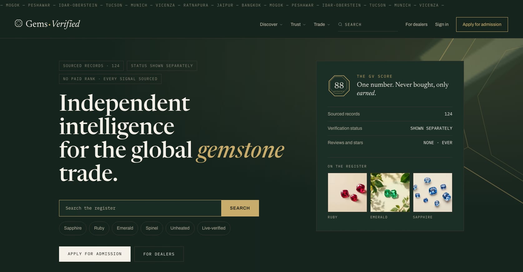 GemsVerified homepage, independent intelligence for the global gemstone trade