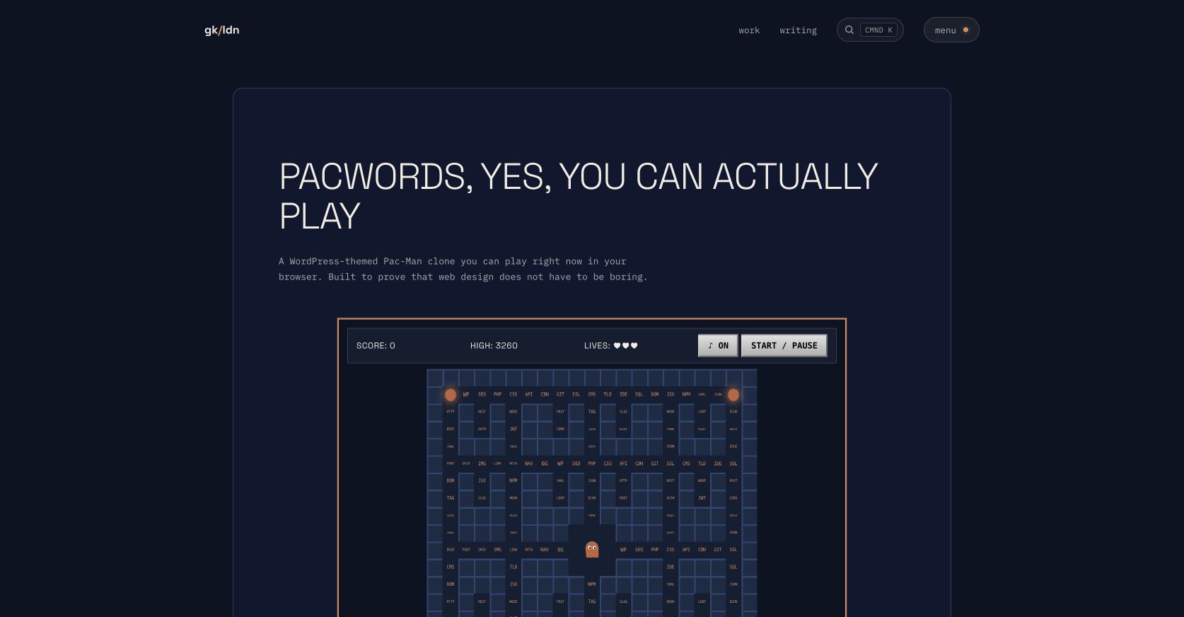 PacWords WordPress-themed browser arcade game