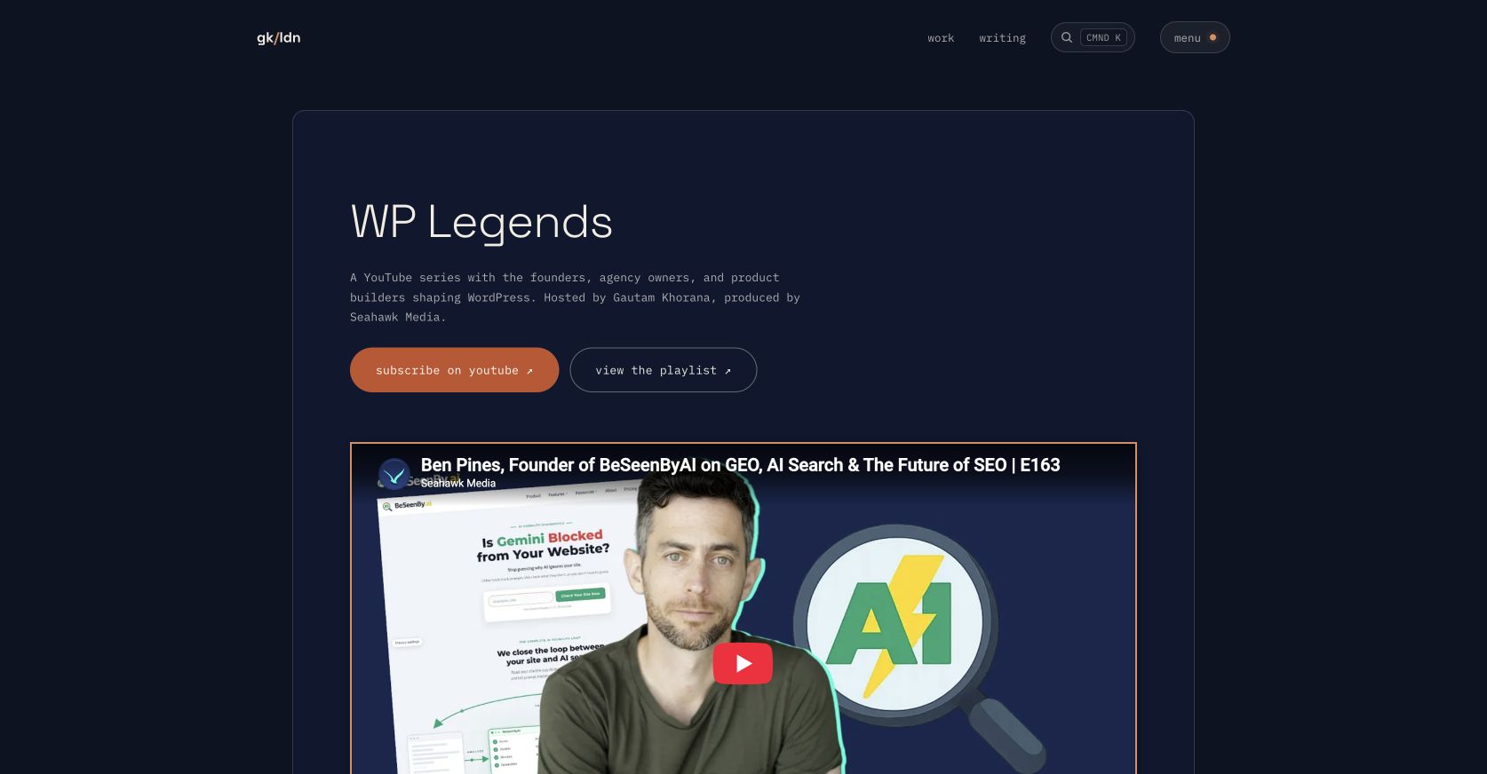 WP Legends podcast page with its latest WordPress founder interview