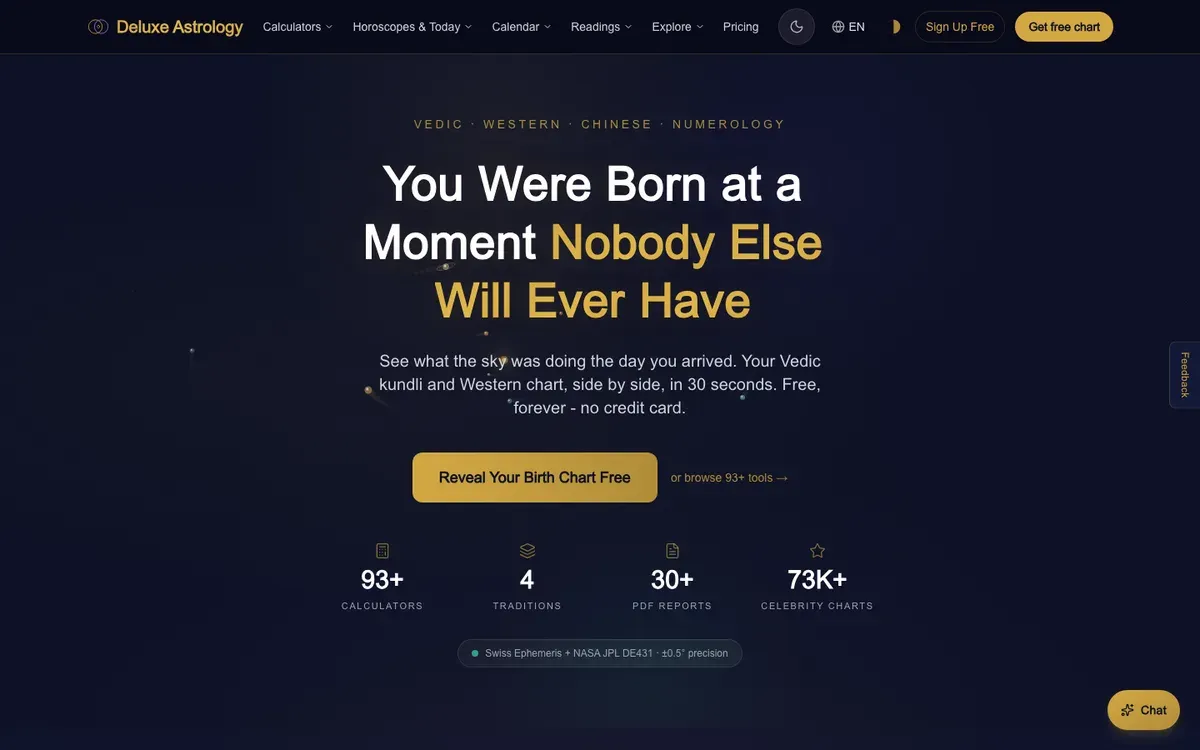 Deluxe Astrology homepage with free birth chart tools