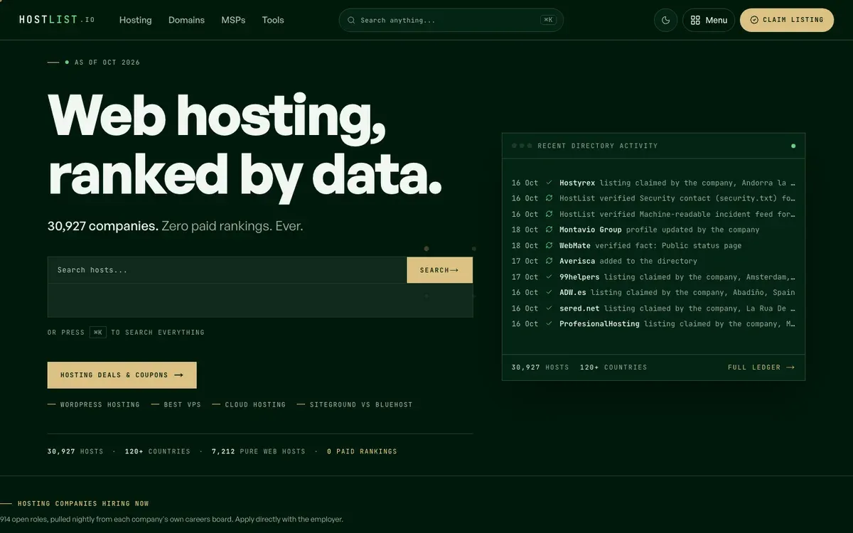 HostList.io homepage: web hosting ranked by data