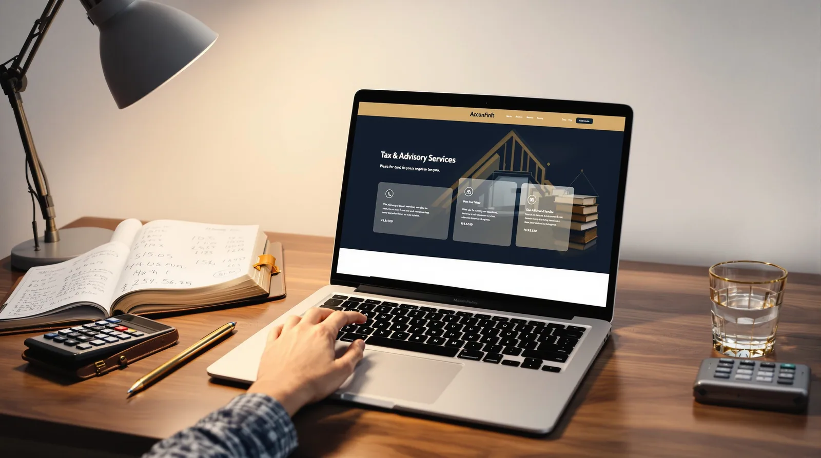 Modern accountants website mockup displayed on a laptop in editorial context.
