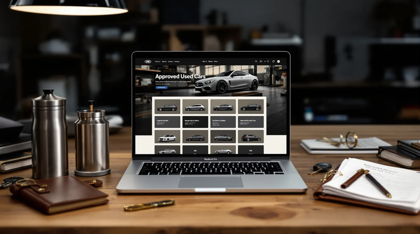 Modern automotive website mockup displayed on a laptop in editorial context.