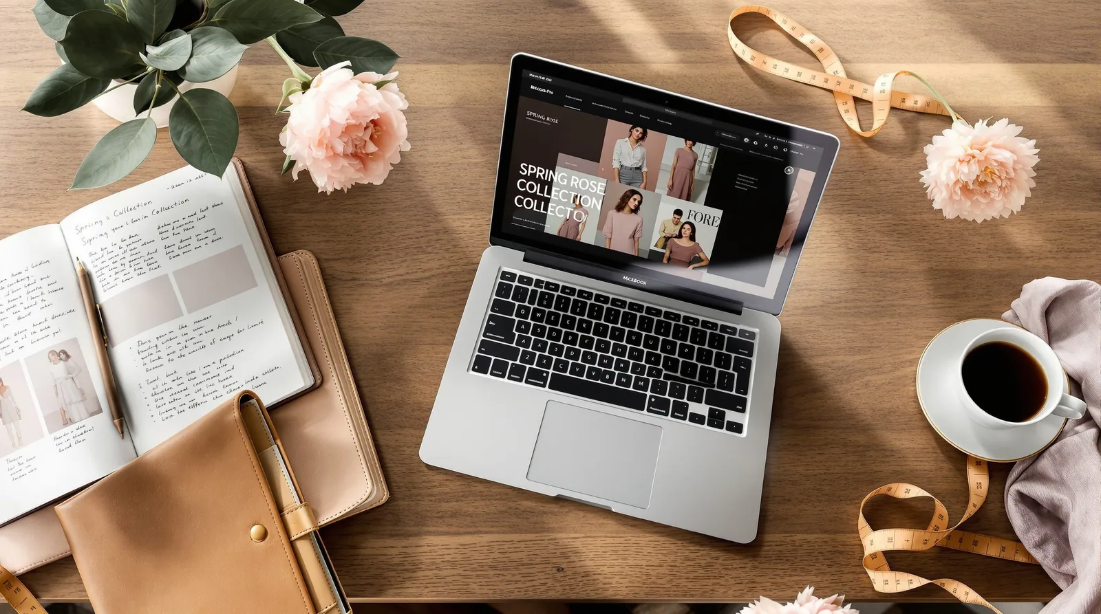 Modern fashion website mockup displayed on a laptop in editorial context.