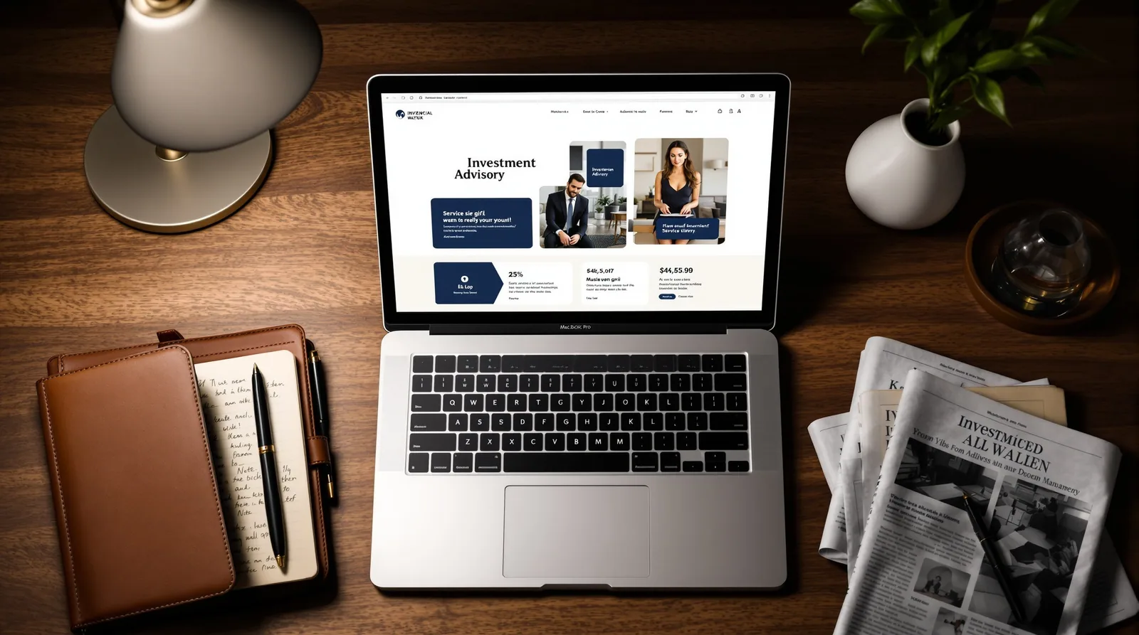 Modern financial services website mockup displayed on a laptop in editorial context.