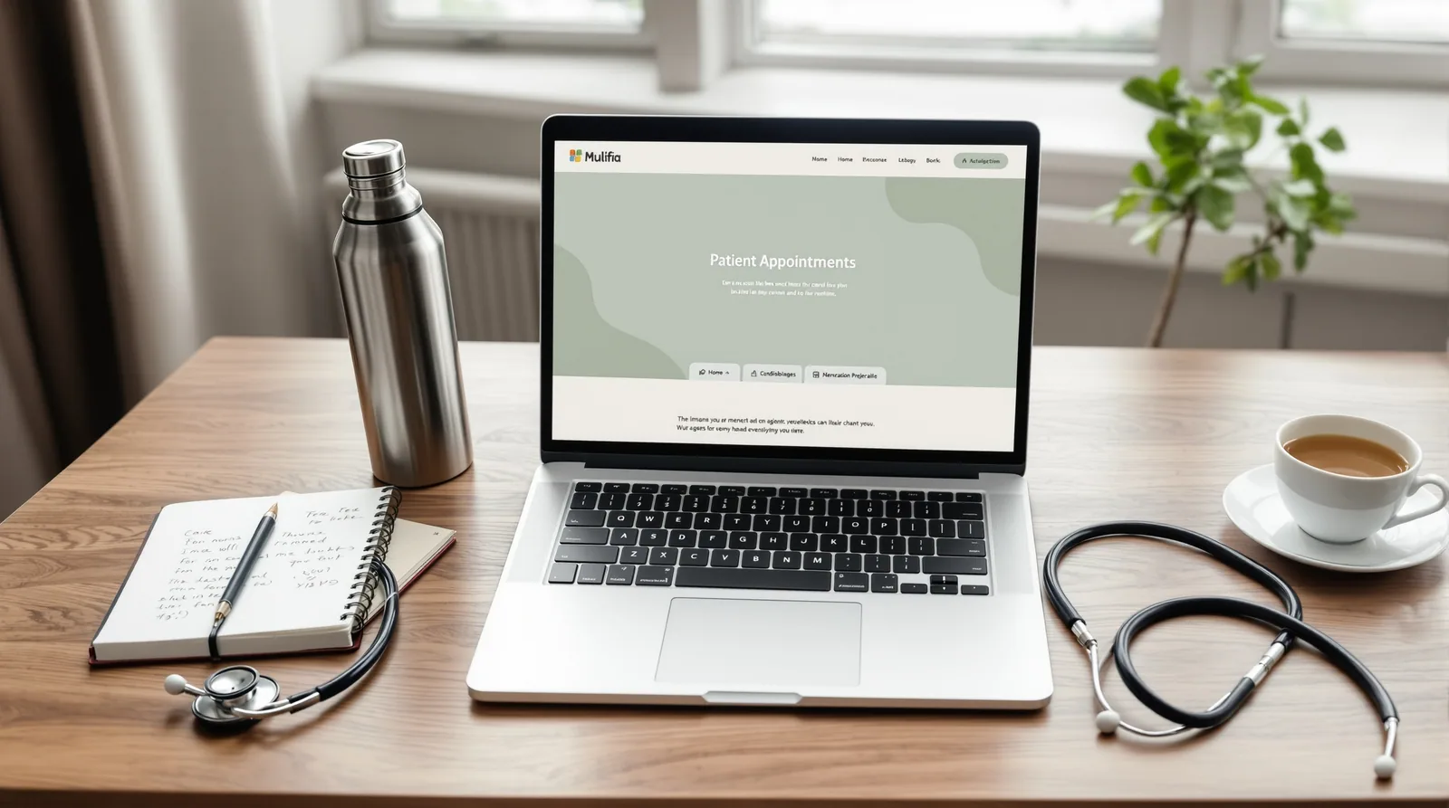 Modern healthcare website mockup displayed on a laptop in editorial context.