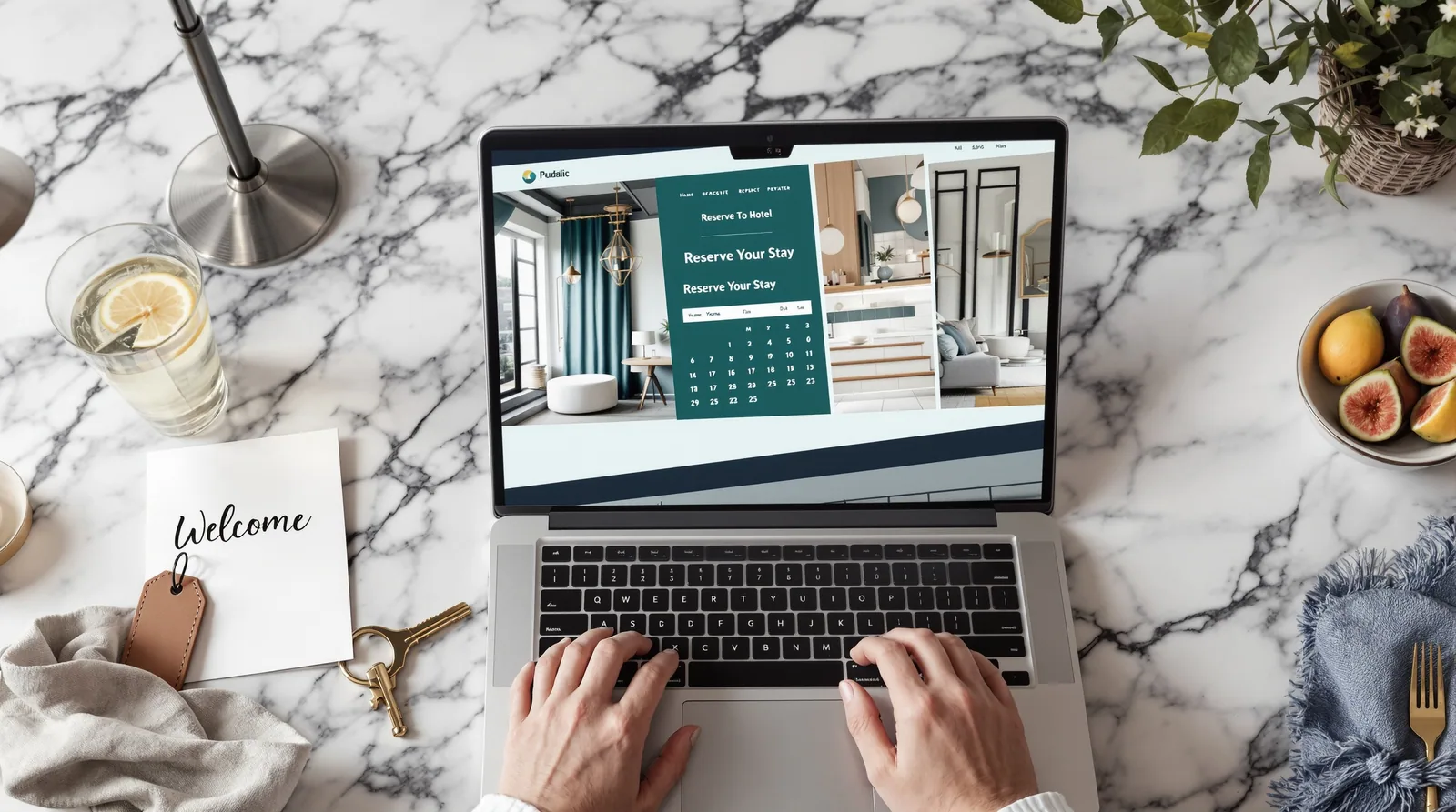 Modern hotels website mockup displayed on a laptop in editorial context.