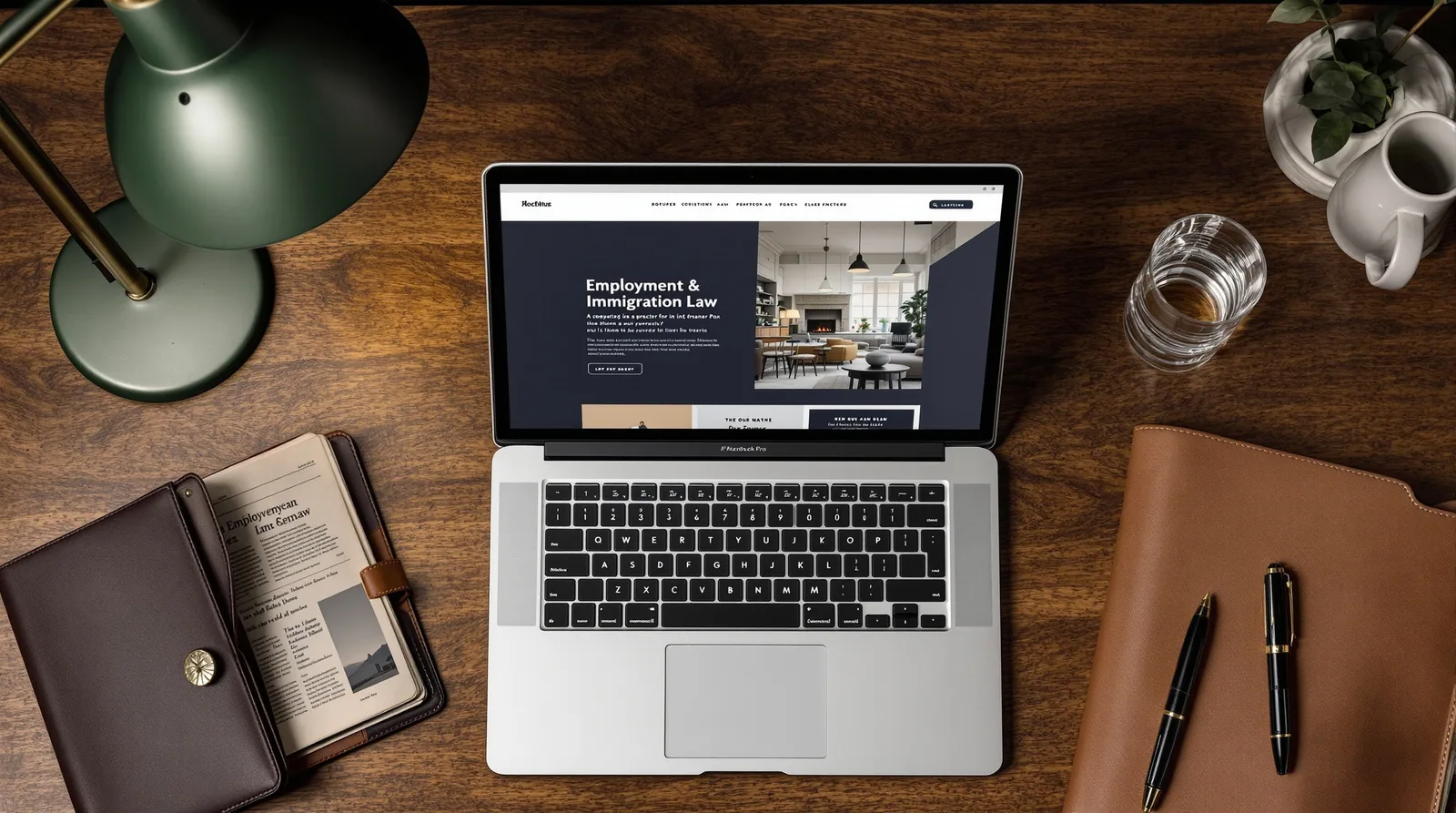 Modern legal website mockup displayed on a laptop in editorial context.