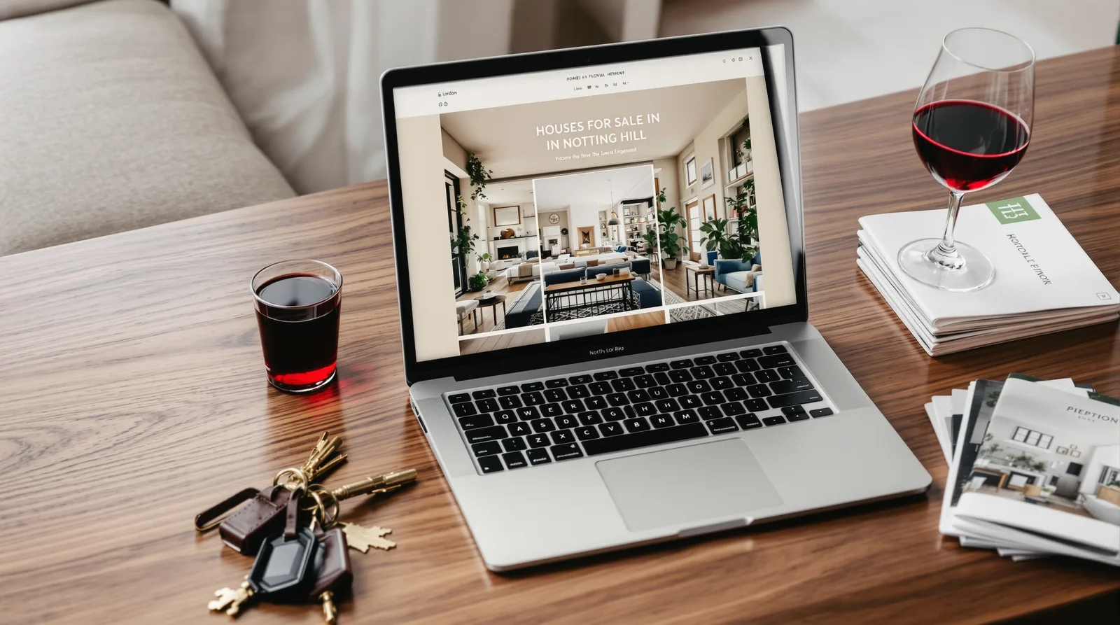Modern real estate website mockup displayed on a laptop in editorial context.