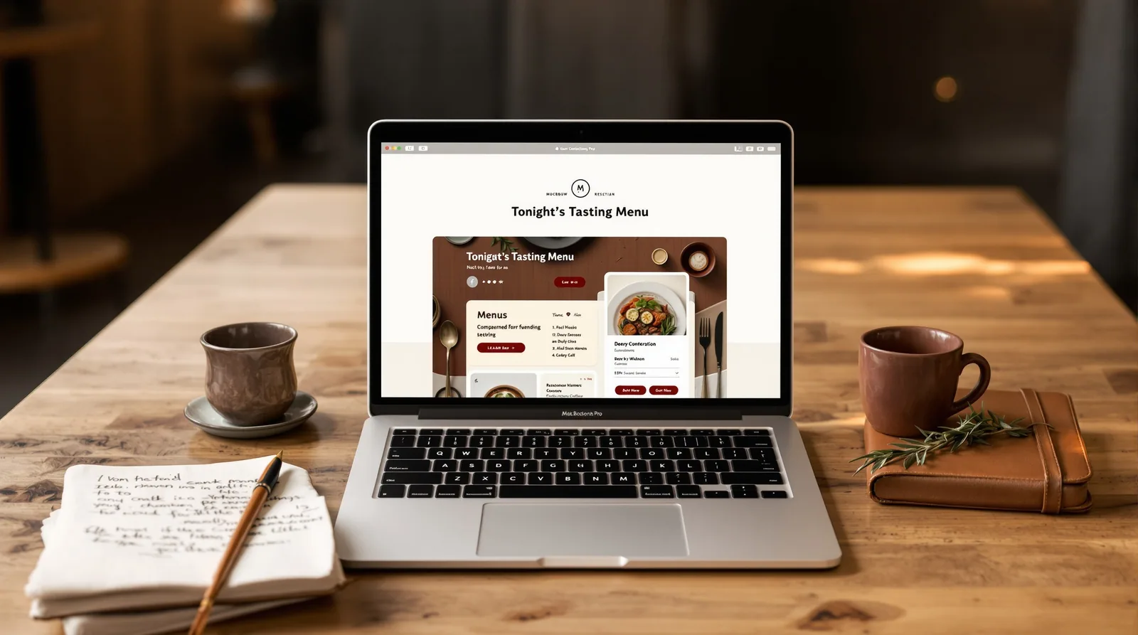 Modern restaurants website mockup displayed on a laptop in editorial context.