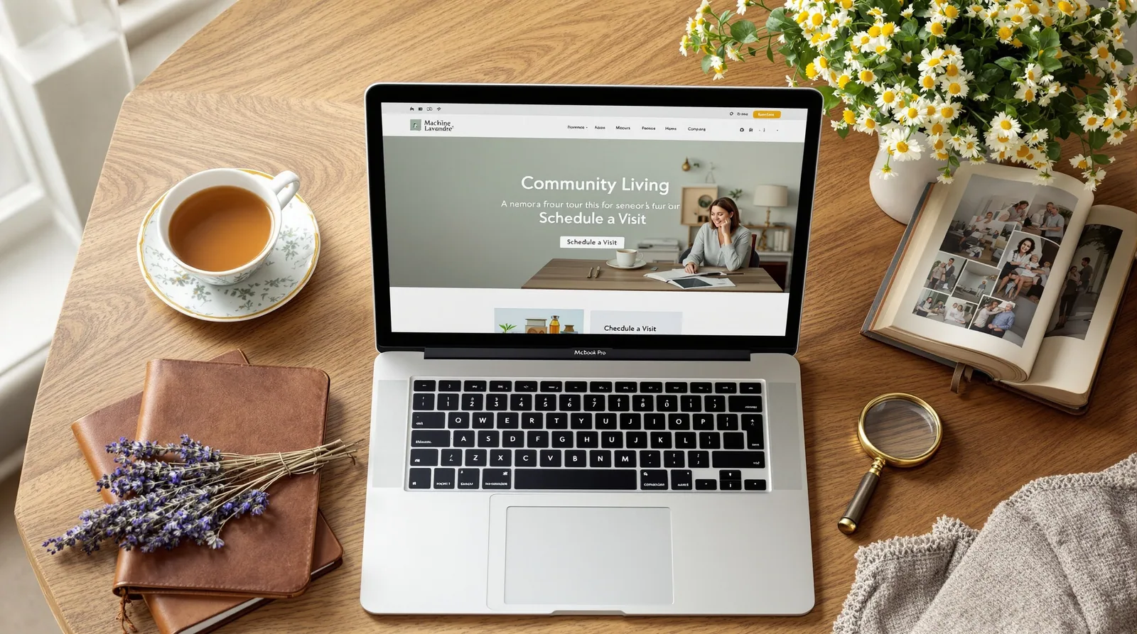Modern senior living website mockup displayed on a laptop in editorial context.